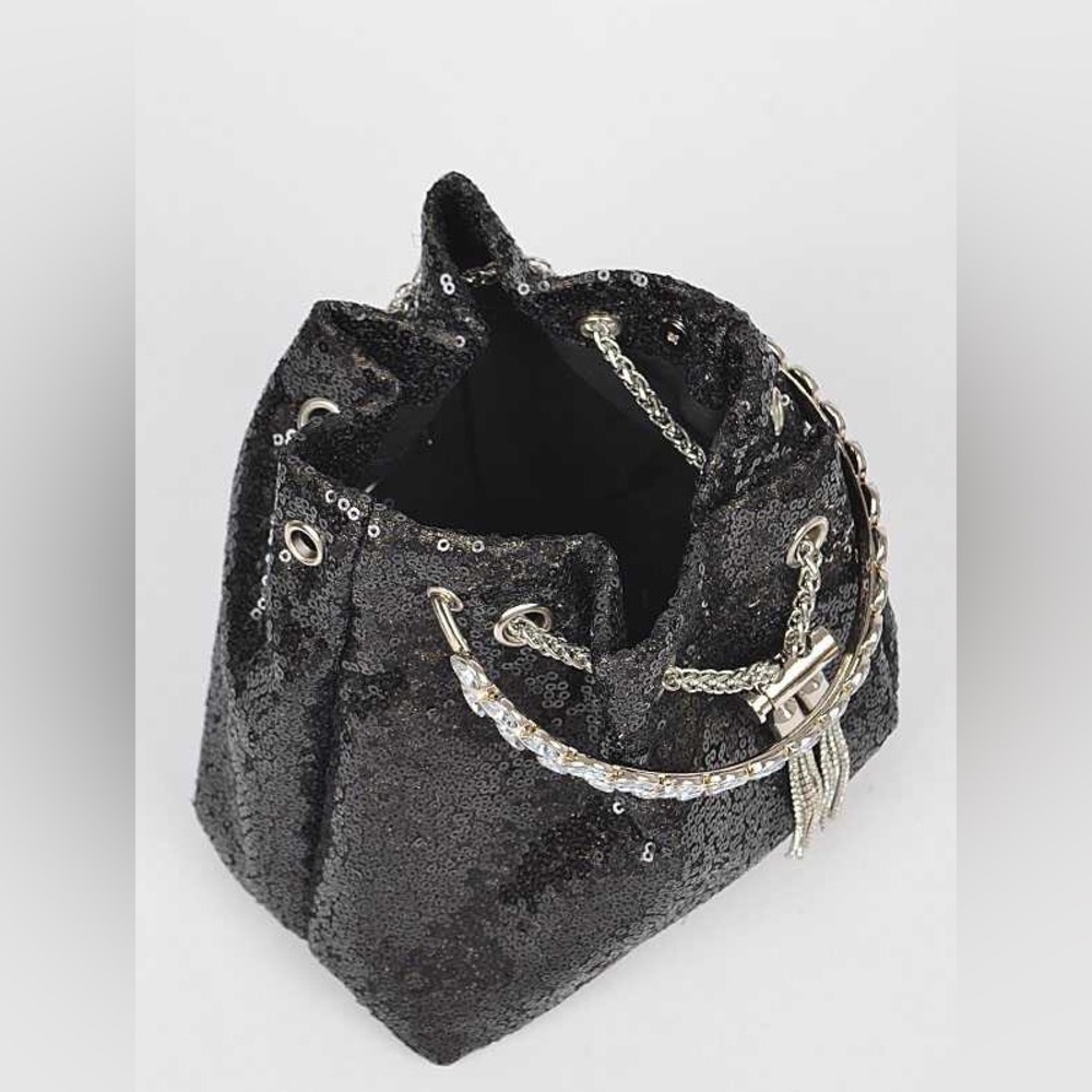 Black Rhinestone Mini Bling Studded Bucket Bag - Picture 5 of 7